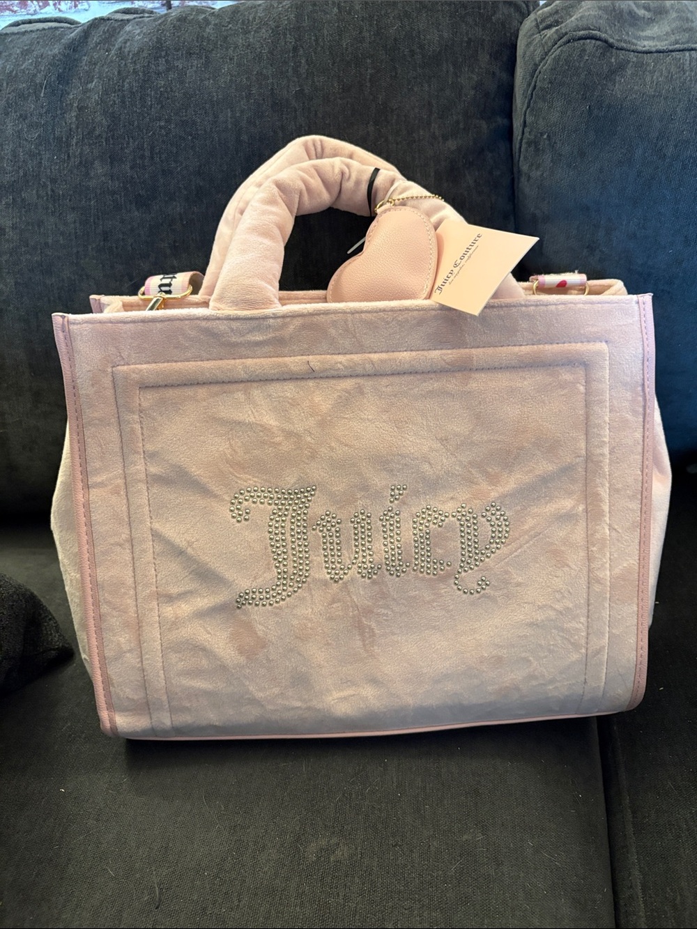 Juicy Couture Light Pink Rhinestone 'Juicy' Tote with Heart Charm